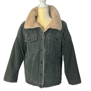 Vud Women's Size Large Corduroy Trucker Jacket Faux Sherpa Green / Beige